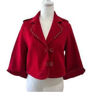 Luluvia Anthropologie Red Wool Jacket Cropped Medium Embroidered Preppy Classic
